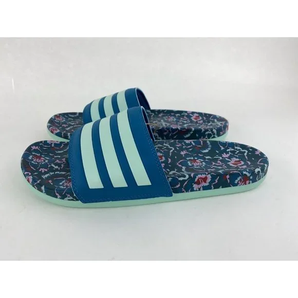 Adidas Adilette Comfort Blue Floral Women's Slides Teal Uncommon Colorway - Picture 8 of 10